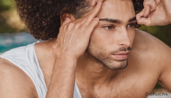 solo,short hair,brown hair,shirt,black hair,1boy,bare shoulders,brown eyes,white shirt,upper body,male focus,blurry,muscular,blurry background,facial hair,thick eyebrows,tank top,pectorals,muscular male,bara,beard,mature male,realistic,mustache,white tank top,chest hair,arm hair,closed mouth,mole,lips,looking to the side,portrait,close-up