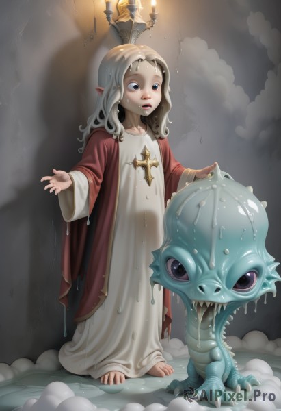 1girl,long hair,open mouth,blue eyes,blonde hair,dress,standing,full body,white hair,barefoot,teeth,tongue,pointy ears,wet,child,wet clothes,monster,robe,female child,candle,dripping,solo,cross,fire,slime (substance),candlelight