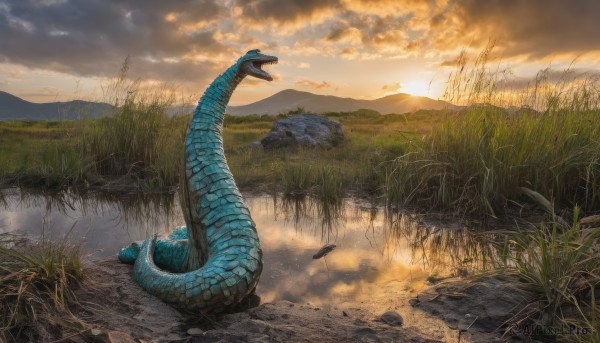 open mouth,tail,outdoors,sky,day,cloud,water,tree,no humans,cloudy sky,grass,nature,scenery,reflection,sunset,rock,mountain,snake,dragon,scales,river,landscape,sun