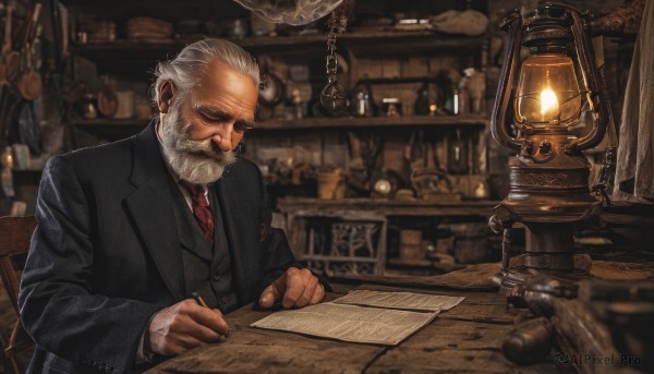 solo,shirt,long sleeves,1boy,sitting,closed mouth,jacket,white shirt,upper body,white hair,grey hair,male focus,necktie,collared shirt,indoors,blurry,vest,black jacket,facial hair,scar,chair,formal,table,suit,red necktie,beard,black vest,paper,realistic,mustache,lamp,candle,old,old man,black suit,holding,closed eyes,depth of field,blurry background,chain,bottle,lantern,manly,pinstripe pattern,jar,writing,light bulb,steampunk,head down