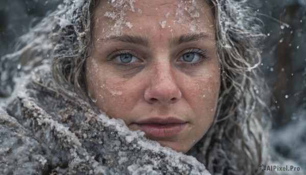 1girl,solo,long hair,looking at viewer,blue eyes,closed mouth,outdoors,water,blurry,lips,grey eyes,eyelashes,blurry background,portrait,snow,close-up,snowing,realistic,nose,winter,freckles,serious