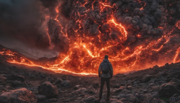 solo, 1boy, standing, male focus, sky, pants, bag, from behind, backpack, fire, scenery, rock, destruction, molten rock