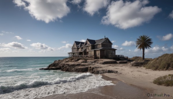 outdoors,sky,day,cloud,water,tree,blue sky,no humans,ocean,beach,cloudy sky,grass,building,scenery,sand,palm tree,horizon,house,waves,shore,rock