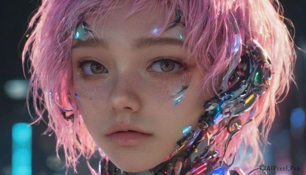 1girl, solo, looking at viewer, short hair, brown eyes, closed mouth, pink hair, blurry, lips, eyelashes, blurry background, expressionless, portrait, close-up, science fiction, realistic, nose, android, cable, cyberpunk