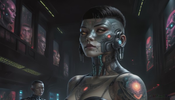 1girl,breasts,looking at viewer,short hair,black hair,1boy,brown eyes,yellow eyes,upper body,multiple boys,solo focus,dark skin,lips,tattoo,makeup,robot,science fiction,realistic,nose,android,cable,bald,very short hair,cyborg,robot joints,cyberpunk,mechanical parts,artificial eye,mechanical eye,hologram,bangs,multiple girls,cleavage,medium breasts,closed eyes,indoors,orange eyes,glowing,portrait,glowing eyes,eyeshadow,spaghetti strap,eyeliner,joints,undercut,facial tattoo,very dark skin,mascara,mohawk,buzz cut