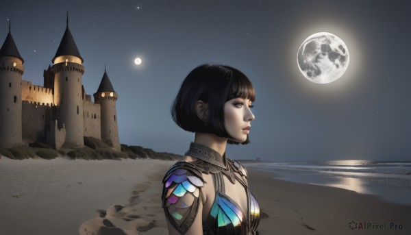 1girl,solo,breasts,short hair,bangs,black hair,cleavage,brown eyes,jewelry,upper body,small breasts,outdoors,sky,water,necklace,black eyes,from side,lips,tattoo,profile,night,ocean,beach,moon,bob cut,star (sky),night sky,full moon,starry sky,nose,sand,castle,desert,medium breasts,closed mouth,blunt bangs,armor,moonlight