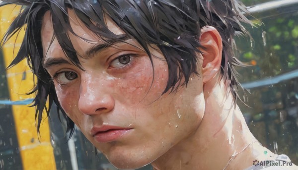 solo,looking at viewer,short hair,bangs,shirt,black hair,1boy,brown eyes,closed mouth,white shirt,male focus,outdoors,blurry,black eyes,lips,wet,grey eyes,depth of field,blurry background,scar,portrait,close-up,freckles,rain,water drop,realistic,nose,wet hair,1girl,shiny