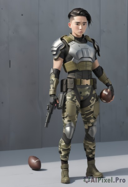 1girl,solo,looking at viewer,short hair,brown hair,black hair,gloves,holding,brown eyes,standing,full body,weapon,boots,food,black gloves,belt,pants,fingerless gloves,holding weapon,armor,black eyes,lips,gun,military,bodysuit,military uniform,fruit,shadow,shoulder armor,holding gun,handgun,pauldrons,pouch,breastplate,knee pads,shoulder pads,camouflage,elbow pads,bulletproof vest,camouflage pants,body armor,realistic,very short hair,explosive,grenade