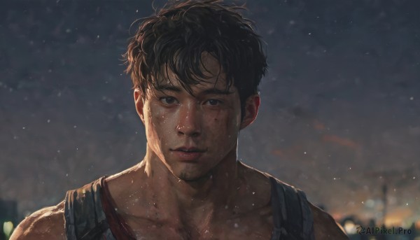 solo,looking at viewer,short hair,bangs,shirt,black hair,1boy,brown eyes,closed mouth,collarbone,upper body,male focus,outdoors,parted lips,sky,blurry,black eyes,lips,wet,night,blurry background,facial hair,backpack,tank top,portrait,freckles,realistic,stubble,wet hair,dirty,dirty face,muscular,night sky