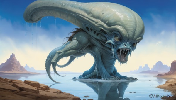 solo,open mouth,yellow eyes,outdoors,sky,teeth,day,tongue,cloud,water,blue sky,wet,no humans,animal,fangs,sharp teeth,tentacles,reflection,monster,mountain,creature,giant,alien,tail,shiny,colored skin,claws,rock,realistic,blue skin