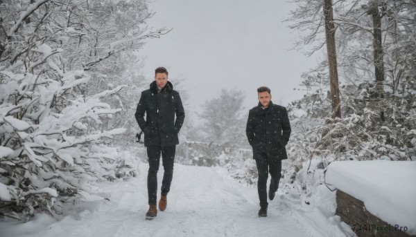 smile,short hair,brown hair,black hair,long sleeves,hat,jacket,male focus,outdoors,multiple boys,shoes,pants,2boys,tree,coat,black jacket,facial hair,black pants,nature,snow,walking,black coat,snowing,hands in pockets,winter clothes,very short hair,wide shot,winter,brothers,footprints,looking at viewer,standing,monochrome,scenery