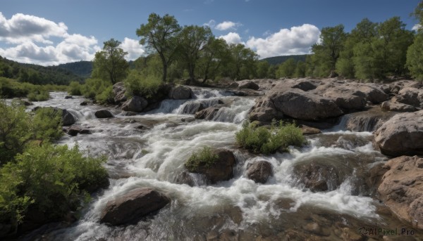 outdoors,sky,day,cloud,water,tree,blue sky,no humans,cloudy sky,nature,scenery,forest,rock,mountain,river,waterfall,landscape