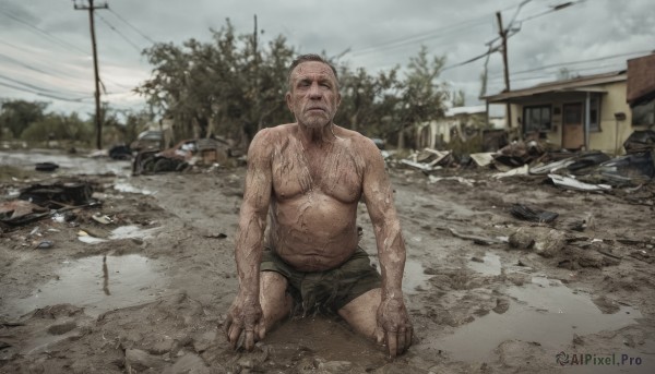 solo,looking at viewer,1boy,navel,male focus,outdoors,sky,shorts,day,tree,kneeling,facial hair,scar,ground vehicle,building,motor vehicle,beard,topless male,realistic,car,male underwear,ruins,house,old,power lines,dirty,chest hair,old man,utility pole,photo background,leg hair,arm hair,grey sky,rubble,barbed wire,underwear,nipples,injury,fat,fat man,boxers