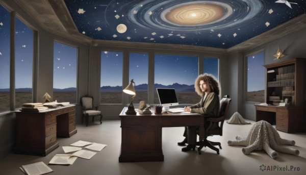 1girl,solo,brown hair,1boy,sitting,male focus,sky,indoors,star (symbol),cup,book,window,night,facial hair,chair,stuffed toy,moon,table,stuffed animal,curtains,star (sky),night sky,scenery,full moon,desk,starry sky,teddy bear,mug,paper,bookshelf,pen,lamp,computer,old,monitor,planet,office chair,drawer,office,desk lamp,papers,long sleeves,brown eyes,jacket,shoes,pants,black footwear,from side,formal,crossed legs,suit,beard,reading,globe