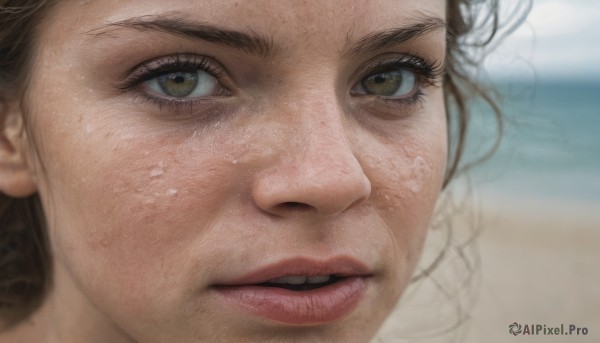 1girl,solo,looking at viewer,brown hair,brown eyes,outdoors,parted lips,teeth,day,water,blurry,lips,wet,eyelashes,depth of field,blurry background,ocean,beach,portrait,close-up,realistic,nose,open mouth,eye focus