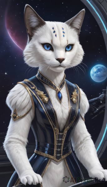 1girl,solo,breasts,looking at viewer,blue eyes,shirt,animal ears,jewelry,closed mouth,standing,sky,artist name,cat ears,signature,vest,no humans,animal,moon,cat,cat girl,slit pupils,brooch,gem,star (sky),claws,furry,starry sky,animal hands,furry female,space,body fur,white fur,planet,animal nose,whiskers,earth (planet),blue gemstone,white cat,upper body,animal ear fluff,fantasy,animal focus