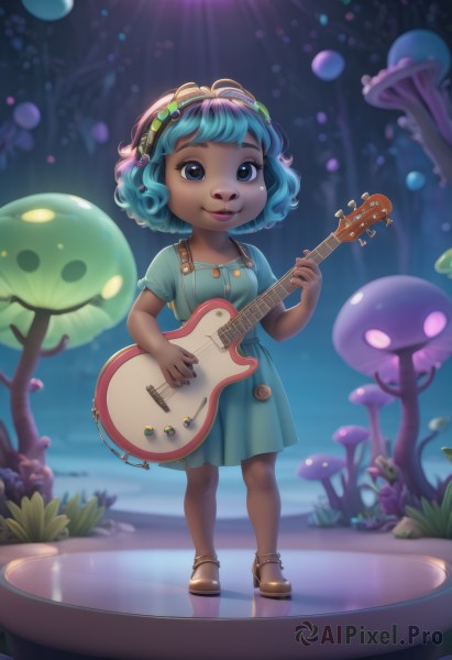 1girl,solo,smile,short hair,blue eyes,dress,holding,blue hair,standing,full body,short sleeves,hairband,shoes,dark skin,dark-skinned female,tree,aqua hair,makeup,blue dress,watermark,brown footwear,sandals,instrument,child,nature,forest,curly hair,music,guitar,female child,mushroom,playing instrument,holding instrument,aqua dress,breasts,looking at viewer,closed mouth,collarbone,pantyhose,artist name,water,blurry,flat chest,lips,blurry background,sunlight,plant,web address,backlighting,bubble,green dress,light rays,underwater,very dark skin,spotlight