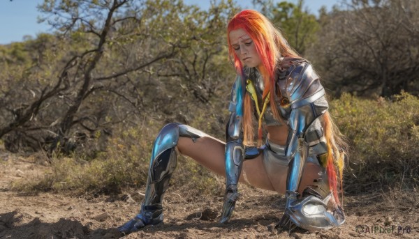 1girl,solo,long hair,breasts,sitting,very long hair,closed mouth,full body,closed eyes,red hair,boots,outdoors,day,orange hair,armor,tree,shoulder armor,gauntlets,nature,pauldrons,realistic,greaves,on ground,dirty,scar,science fiction,mechanical arms,sad,cyborg,single mechanical arm,prosthesis,amputee,photo background,prosthetic arm,mechanical legs