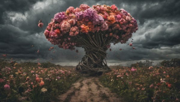 flower, outdoors, sky, cloud, tree, petals, no humans, rose, cloudy sky, grass, red flower, nature, scenery, field, flower field