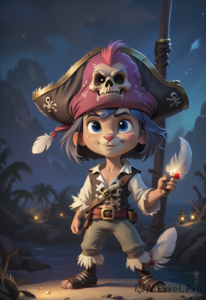 solo,looking at viewer,blush,smile,short hair,blue eyes,shirt,long sleeves,1boy,hat,holding,jewelry,closed mouth,blue hair,standing,full body,white shirt,weapon,male focus,boots,outdoors,sky,belt,pants,sword,artist name,water,chibi,vest,tree,night,ocean,brown footwear,thick eyebrows,feathers,gem,star (sky),night sky,buckle,skull,rock,belt buckle,palm tree,brown belt,hat feather,brown pants,brown vest,pirate hat,pirate,leather belt,teeth,watermark,web address,furry,starry sky,furry male