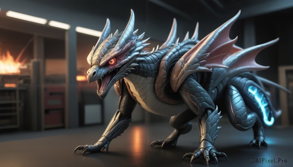 HQ,solo,open mouth,red eyes,standing,tail,full body,wings,horns,teeth,indoors,blurry,orange eyes,pokemon (creature),no humans,blurry background,glowing,fangs,fire,sharp teeth,glowing eyes,claws,spikes,colored sclera,monster,dragon,black sclera,scales,kaijuu