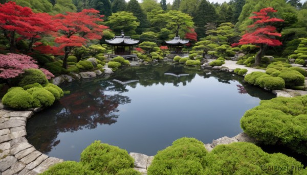 outdoors,sky,day,water,tree,no humans,grass,building,nature,scenery,forest,rock,architecture,bridge,east asian architecture,river,landscape,pond,stone lantern,traditional media,cherry blossoms,reflection,bush,lake