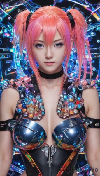 1girl,solo,breasts,looking at viewer,bangs,hair between eyes,bare shoulders,twintails,medium breasts,closed mouth,upper body,pink hair,choker,lips,grey eyes,makeup,black choker,zipper,science fiction,realistic,nose,cleavage,shiny,leotard,shiny skin,bodysuit,short twintails,shiny clothes