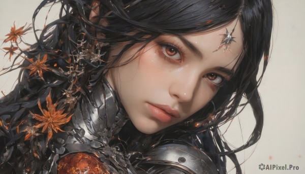 1girl,solo,long hair,looking at viewer,simple background,black hair,hair ornament,brown eyes,jewelry,closed mouth,earrings,grey background,armor,lips,eyelashes,makeup,leaf,shoulder armor,portrait,close-up,pauldrons,circlet,realistic,nose,red lips,autumn leaves,maple leaf,bangs,braid,parted bangs,expressionless,messy hair,gem