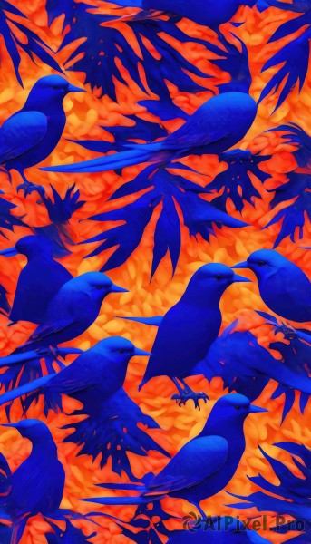 no humans,bird,animal,traditional media,flying,blue theme,orange background,animal focus,too many,orange theme,beak,acrylic paint (medium),flock,open mouth,closed mouth,closed eyes,outdoors,artist name,from side,profile,looking up,red theme,crow,6+others