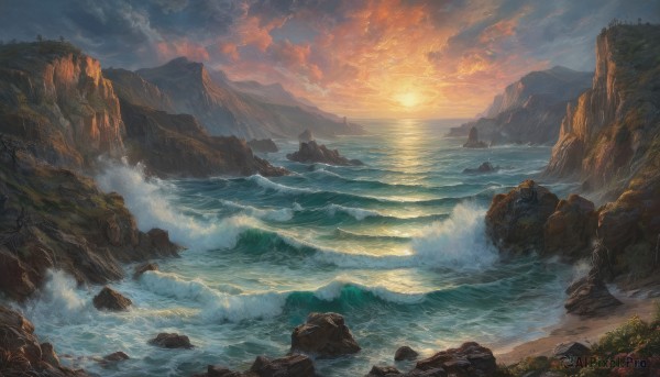 The timeless beauty of a waterfall in a tranquil sunset outdoors