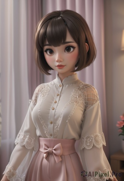 1girl,solo,breasts,looking at viewer,blush,smile,short hair,bangs,skirt,brown hair,shirt,long sleeves,bow,brown eyes,closed mouth,standing,white shirt,upper body,flower,artist name,indoors,blurry,lips,buttons,depth of field,blurry background,bob cut,curtains,pink bow,blouse,lace trim,lace,pink skirt,nose,arms at sides,red lips,medium breasts,see-through,eyelashes,makeup,thick eyebrows,lipstick,realistic,mascara