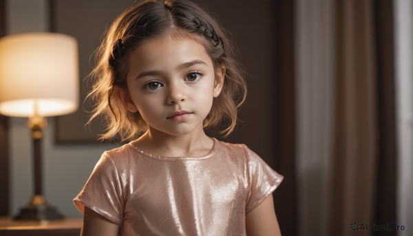 1girl,solo,looking at viewer,short hair,brown hair,shirt,brown eyes,closed mouth,white shirt,upper body,braid,short sleeves,indoors,medium hair,blurry,black eyes,lips,grey eyes,depth of field,blurry background,child,forehead,realistic,female child,lamp,curtains,nose,brown shirt