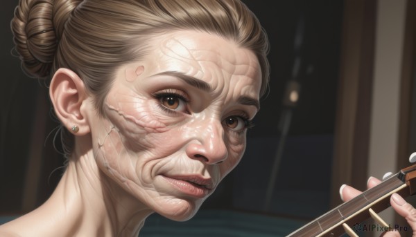 1girl,solo,looking at viewer,brown hair,holding,brown eyes,jewelry,earrings,parted lips,teeth,indoors,hair bun,blurry,lips,blurry background,single hair bun,instrument,portrait,veins,realistic,music,guitar,stud earrings,old,playing instrument,holding instrument,old woman,wrinkled skin,food,eyelashes,chopsticks,nose,holding chopsticks