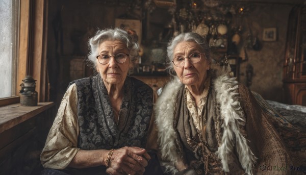 1girl,looking at viewer,short hair,blue eyes,shirt,long sleeves,1boy,jewelry,sitting,closed mouth,upper body,white hair,grey hair,male focus,multiple boys,glasses,collared shirt,indoors,2boys,necklace,vest,bracelet,fur trim,facial hair,scar,table,ring,beard,realistic,round eyewear,lamp,old,old man,painting (object),old woman,wrinkled skin,portrait (object),hair ornament,artist name,hair bun,blurry,lips,grey eyes,single hair bun,beads,eyewear strap