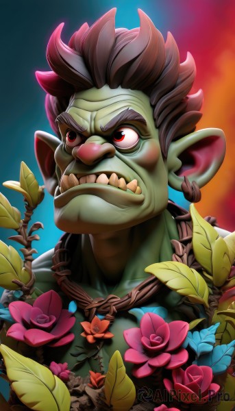 solo,short hair,open mouth,brown hair,red eyes,1boy,jewelry,upper body,flower,male focus,teeth,pointy ears,colored skin,chain,leaf,looking away,thick eyebrows,plant,red flower,portrait,pink flower,green skin,mohawk,orc,tusks,goblin,earrings,sharp teeth,spiked hair,nose,vines