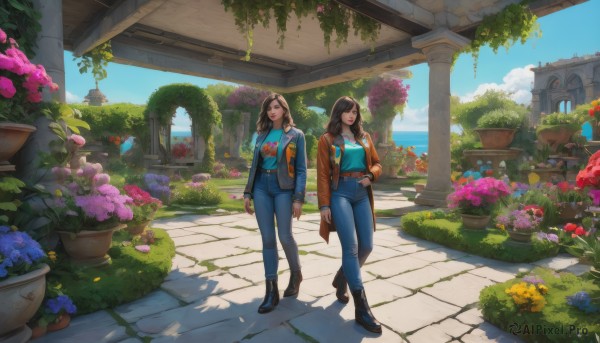 long hair,breasts,smile,bangs,multiple girls,brown hair,shirt,black hair,long sleeves,2girls,brown eyes,jewelry,medium breasts,closed mouth,standing,jacket,full body,closed eyes,flower,boots,outdoors,open clothes,sky,day,belt,pants,artist name,cloud,water,bag,black footwear,looking at another,open jacket,blue sky,lips,coat,hand on hip,window,makeup,shadow,holding hands,sunlight,blue shirt,plant,denim,lipstick,building,scenery,buckle,pink flower,walking,hand in pocket,brown jacket,jeans,belt buckle,nose,purple flower,blue pants,red lips,potted plant,leather,print shirt,vines,side-by-side,torn pants,flower pot,torn jeans,denim jacket,open mouth,signature,backpack,grass,red flower,orange shirt,pillar,garden