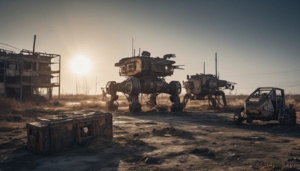 outdoors,sky,cloud,military,no humans,robot,ground vehicle,scenery,mecha,motor vehicle,science fiction,sunset,sun,military vehicle,car,ruins,vehicle focus,desert,radio antenna,truck,helicopter,weapon,building,realistic,cannon,power lines,damaged,dust,non-humanoid robot,tire