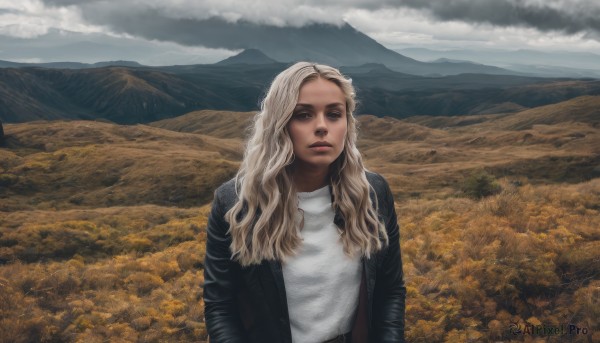 1girl,solo,long hair,looking at viewer,blonde hair,shirt,long sleeves,brown eyes,jacket,white shirt,upper body,outdoors,parted lips,open clothes,sky,day,cloud,dark skin,open jacket,dark-skinned female,lips,black jacket,wavy hair,cloudy sky,scenery,mountain,realistic,leather,field,mountainous horizon,leather jacket,closed mouth,sweater,turtleneck,parody,white sweater