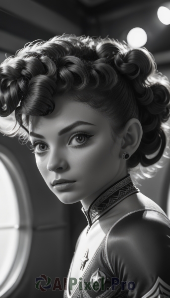 1girl,solo,looking at viewer,short hair,jewelry,closed mouth,monochrome,upper body,greyscale,earrings,parted lips,dark skin,blurry,flat chest,from side,dark-skinned female,lips,eyelashes,curly hair,realistic,nose,stud earrings,very dark skin,afro,artist name,watermark,pompadour