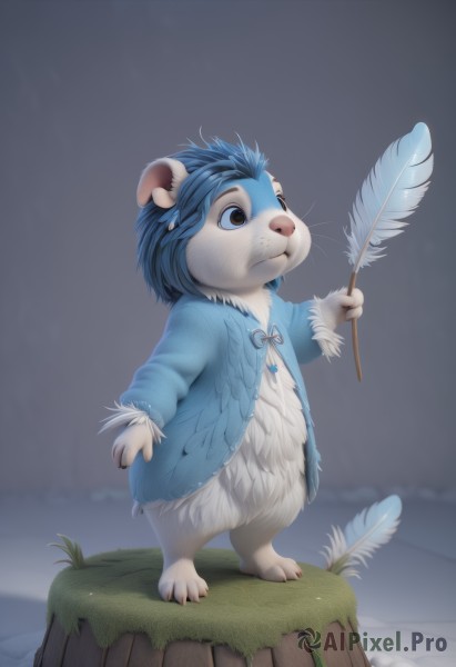 solo,blue eyes,long sleeves,holding,animal ears,brown eyes,closed mouth,blue hair,standing,full body,artist name,no humans,grass,feathers,furry,freckles,furry female,furry male,mouse,whiskers,stick,cattail,short hair,1boy,male focus,snout