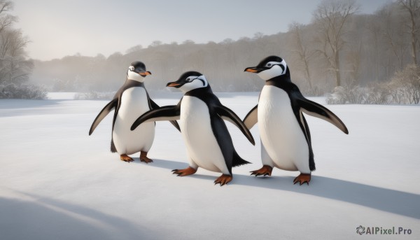 standing,closed eyes,outdoors,day,looking at another,black eyes,tree,no humans,shadow,bird,animal,nature,snow,animal focus,winter,bare tree,penguin,flock,sky,scenery,walking