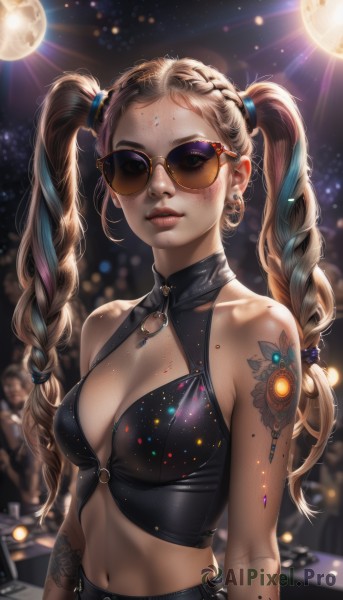 1girl,solo,long hair,breasts,looking at viewer,smile,blonde hair,hair ornament,navel,cleavage,bare shoulders,twintails,jewelry,medium breasts,collarbone,upper body,braid,multicolored hair,earrings,small breasts,parted lips,glasses,sleeveless,midriff,pants,artist name,necklace,mole,blurry,twin braids,two-tone hair,lips,streaked hair,crop top,clothing cutout,eyelashes,tattoo,makeup,night,depth of field,blurry background,halterneck,watermark,facial mark,piercing,cleavage cutout,sunglasses,thick eyebrows,lipstick,web address,eyewear on head,forehead,lens flare,eyeshadow,backlighting,freckles,hoop earrings,forehead mark,realistic,nose,hair tie,round eyewear,arms at sides,red lips,arm tattoo,shoulder tattoo,tinted eyewear,bokeh,mascara,blue eyes,closed mouth,blue hair,blood,moon,navel piercing