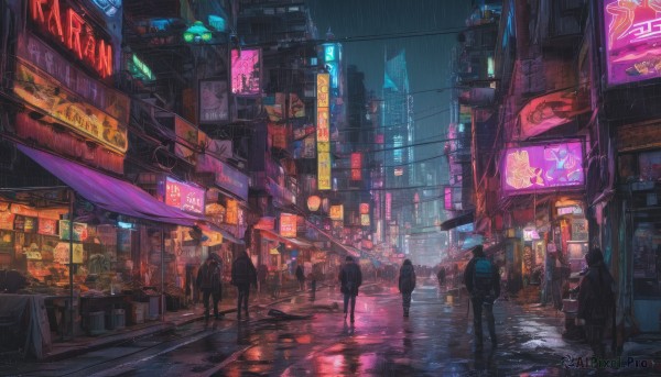 outdoors, multiple boys, dutch angle, night, building, scenery, science fiction, rain, city, sign, road, cityscape, street, city lights, cyberpunk, neon lights, people