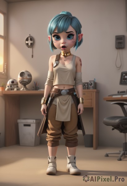 1girl,solo,breasts,looking at viewer,short hair,blue eyes,navel,bare shoulders,jewelry,blue hair,standing,full body,ponytail,weapon,small breasts,boots,shoes,pointy ears,midriff,belt,pants,indoors,collar,bracelet,lips,window,tattoo,makeup,chair,facial mark,bandages,tank top,lipstick,desk,brown pants,holding,parted lips,teeth,artist name,necklace,white footwear,aged down,robot,child,bandaid,freckles,bandaged arm,bandaid on face,facepaint