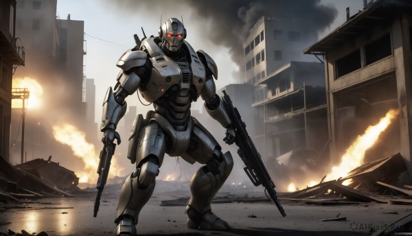 HQ,solo,red eyes,1boy,holding,standing,weapon,outdoors,holding weapon,armor,gun,no humans,glowing,fire,robot,ground vehicle,building,holding gun,mecha,glowing eyes,motor vehicle,rifle,smoke,science fiction,dual wielding,city,realistic,explosion,ruins,damaged,power armor,radio antenna,looking at viewer,sky,cloud,power lines,dust