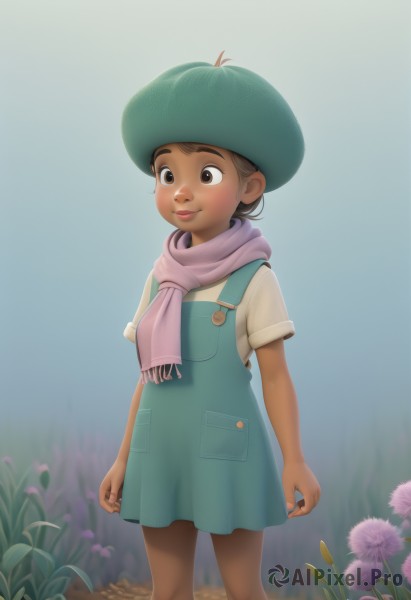 1girl,solo,smile,short hair,brown hair,shirt,hat,dress,brown eyes,closed mouth,standing,white shirt,flower,short sleeves,outdoors,dark skin,scarf,dark-skinned female,lips,child,green headwear,arms at sides,female child,overalls,pink scarf,freckles