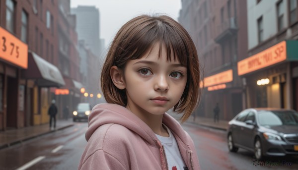 1girl,solo,looking at viewer,short hair,bangs,brown hair,shirt,hair ornament,brown eyes,closed mouth,jacket,white shirt,upper body,outdoors,open clothes,day,hairclip,hood,blurry,lips,hoodie,depth of field,blurry background,bob cut,hood down,ground vehicle,building,hooded jacket,motor vehicle,freckles,city,sign,realistic,nose,car,road,pink jacket,street,traffic light,solo focus,pink hoodie