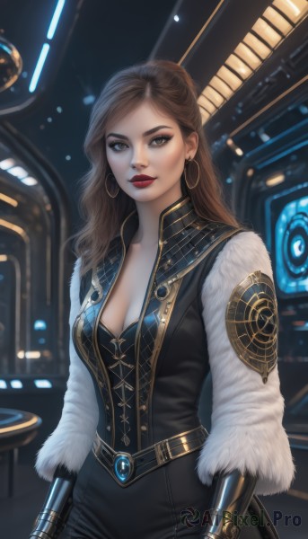 1girl,solo,long hair,breasts,looking at viewer,brown hair,gloves,dress,cleavage,brown eyes,jewelry,medium breasts,closed mouth,standing,cowboy shot,earrings,belt,indoors,mole,black dress,lips,fur trim,eyelashes,makeup,lipstick,gauntlets,eyeshadow,hoop earrings,realistic,nose,red lips,eyeliner,bangs,large breasts,artist name,signature,grey eyes,bodysuit,science fiction