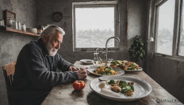 solo,short hair,long sleeves,1boy,sitting,closed mouth,jacket,white hair,grey hair,male focus,food,indoors,cup,black jacket,window,fruit,facial hair,scar,chair,table,knife,plant,beard,plate,drinking glass,realistic,mustache,fork,apple,wine glass,old,old man,tomato,wrinkled skin,glass,lamp,bread