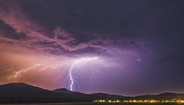 outdoors,sky,cloud,no humans,night,cloudy sky,scenery,sunset,mountain,electricity,cityscape,lightning,landscape,mountainous horizon,city lights,nature,night sky,horizon,dark,hill,purple sky